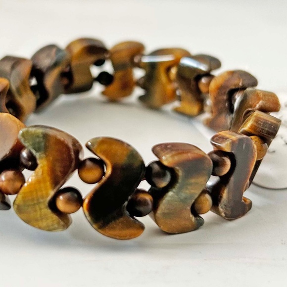 BRACELET, GENUINE TIGEREYE GEMSTONES IN BEADS AND S-SHAPES, STRETCHY, TAG ON, - Picture 1 of 2